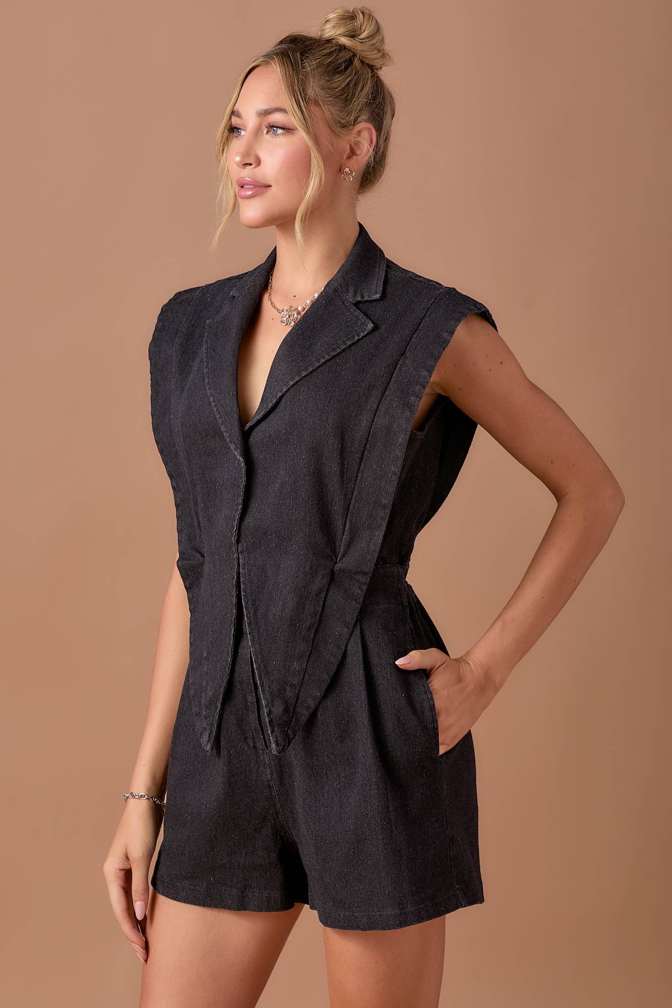 BABY PINK - Wholesale Romper - Women's - Blazer style 2fer denim romper3