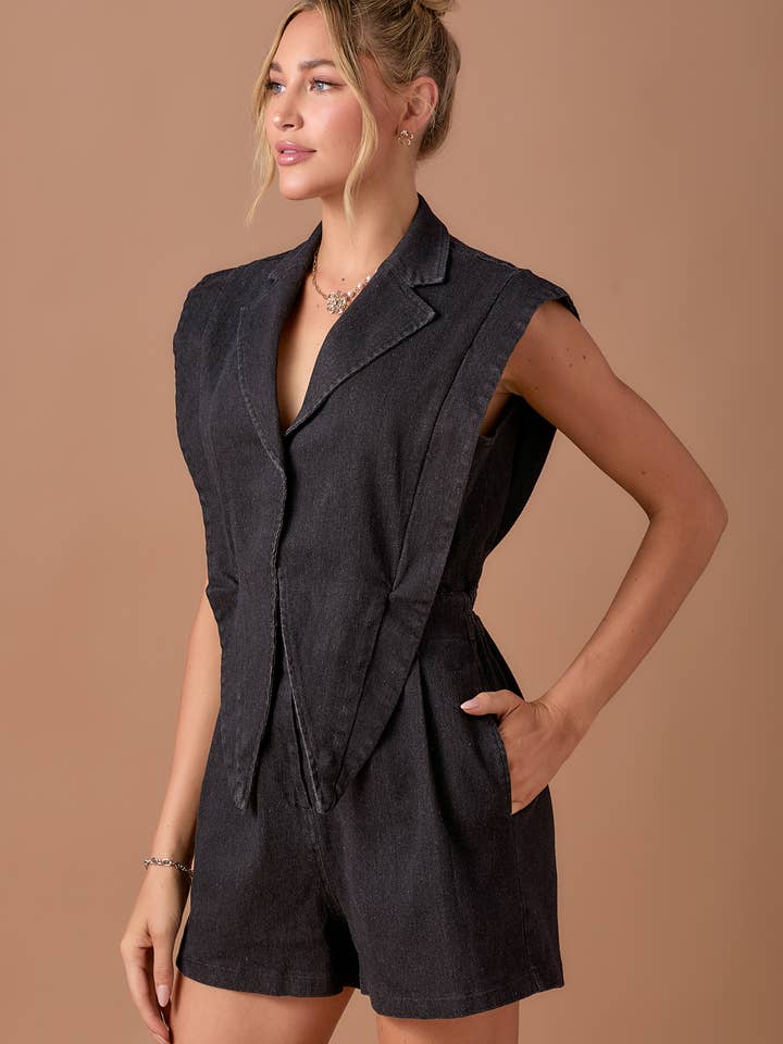 BABY PINK - Wholesale Romper - Women's - Blazer style 2fer denim romper3