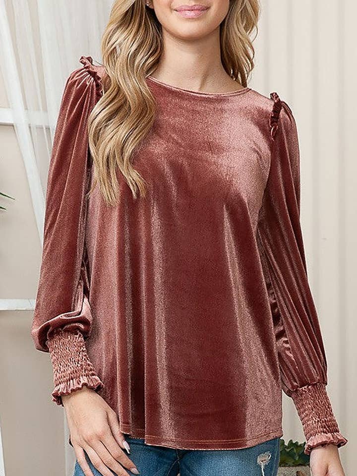ROUSSEAU - Wholesale Blouse - Women's - VELVET RUFFLED LONG SLEEVES TOP