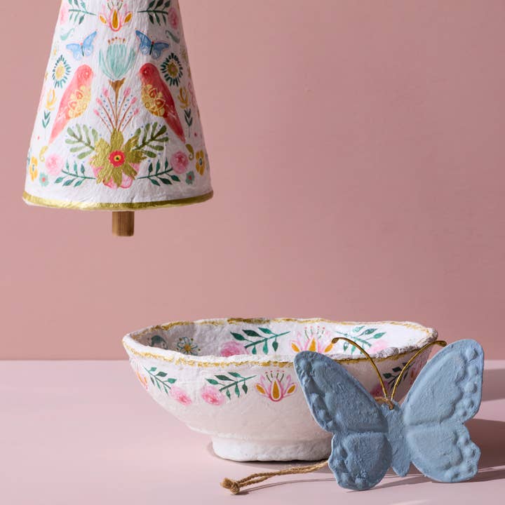 DEMDACO - Wholesale Serve Bowl - Paper Mache Coral Birds with Gold Rim Bowl - 7.5in3