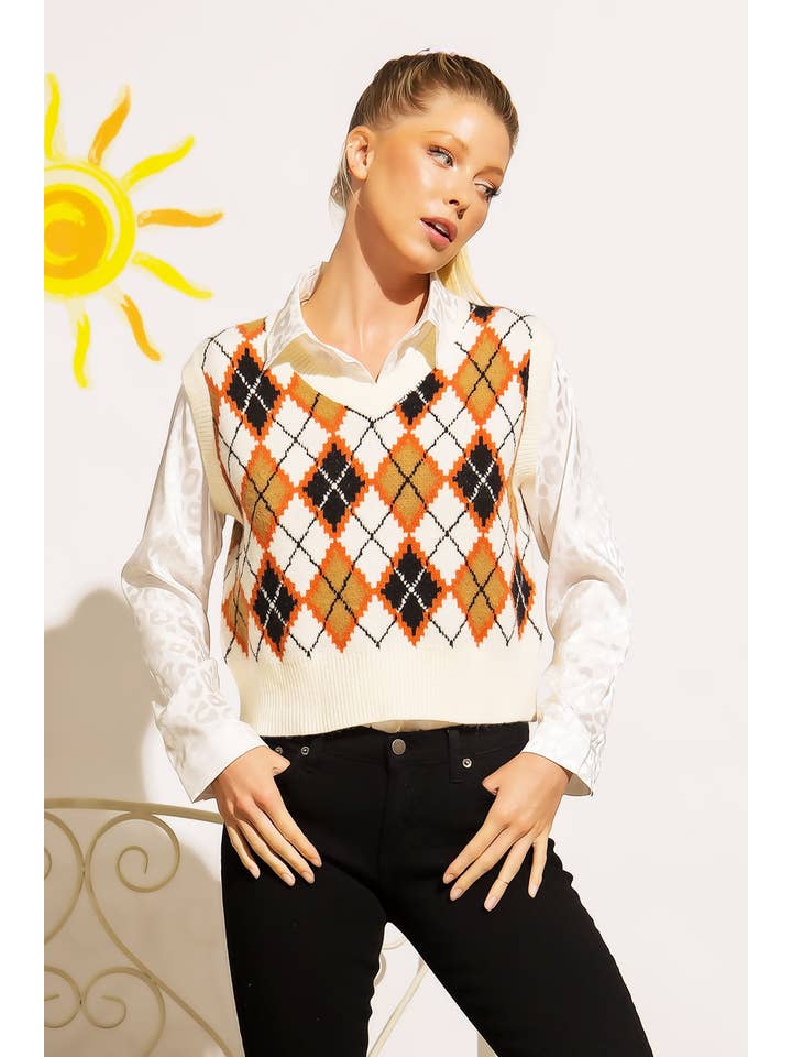 Sweet Generis - Venta al por mayor Chaleco de punto - Mujer - CHALECO CON CUELLO EN V Y PATRÓN DE ARGYLE DE PUNTO GRUESO10