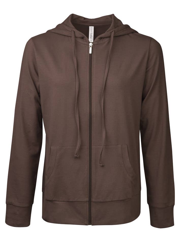 Women's Essentials Sofra Lightweight Full Zip Cotton Hoodie Sweater Brown (HDC7000_BRW) for wholesale by 247 Frenzy