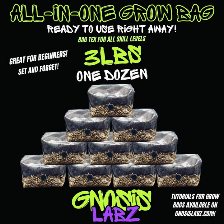 One Dozen All in One Mushroom Grow Kit Bags (3lbs) with Injection Port and Filter Patch! for wholesale by Gnosis Labz