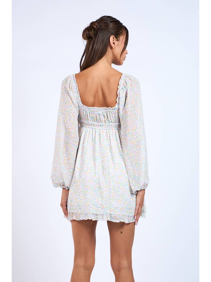 Lovely Bae DITSY FLORAL LONG SLEEVE RUFFLE TRIM MINI DRESS for wholesale on Faire3