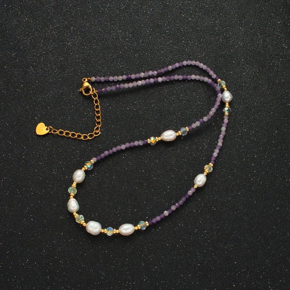 Aim Eternal - Vente Collier de perles - Collier chaîne en perles d'améthyste violette fait main avec perle d'eau douce 40 cm avec rallonge | WA25743