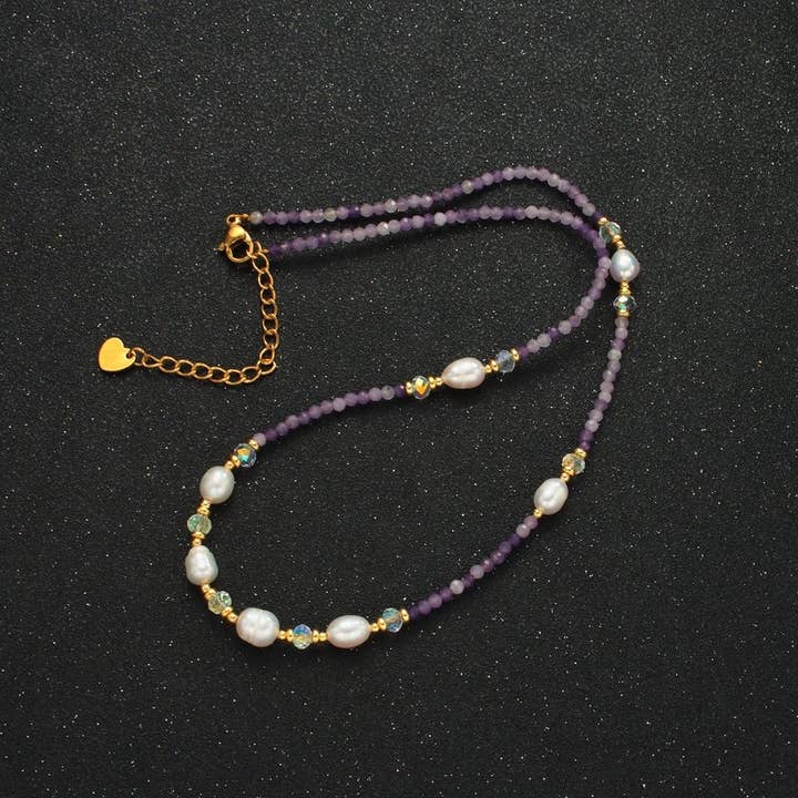Aim Eternal - Wholesale Beaded/Pearl Necklace - Handmade Purple Amethyst Beaded Chain Necklace with Freshwater Pearl 15.74 Inch with Extender | WA25743