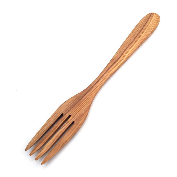 Serving fork with 4 flat prongs 30 cm made of olive wood for wholesale by medina mood