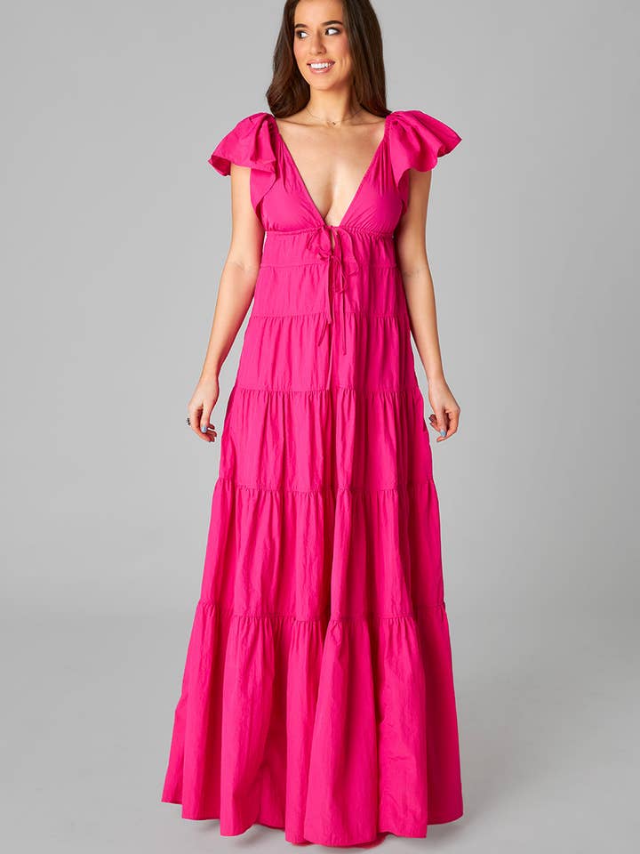 Holland Raspberry Pink VNeck Ruffle Sleeve Tiered Maxi Dress for wholesale by BuddyLove