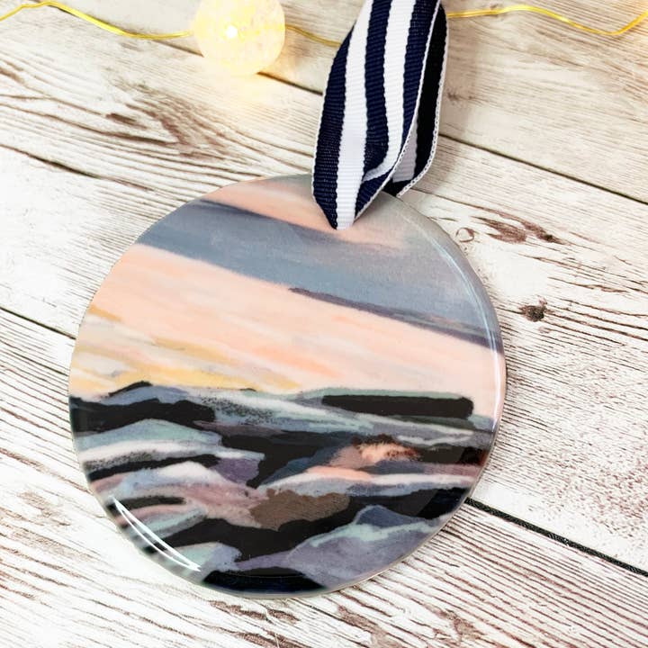 Beach Rocks, Coastal Holiday Ornament on Porcelain for wholesale by Green Barn Studio