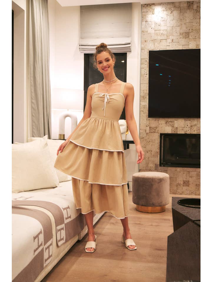 in february - Wholesale Dress - Women's - CONTRAST BINDING WITH BOW MIDI DRESS IN TIERED RUFFLES