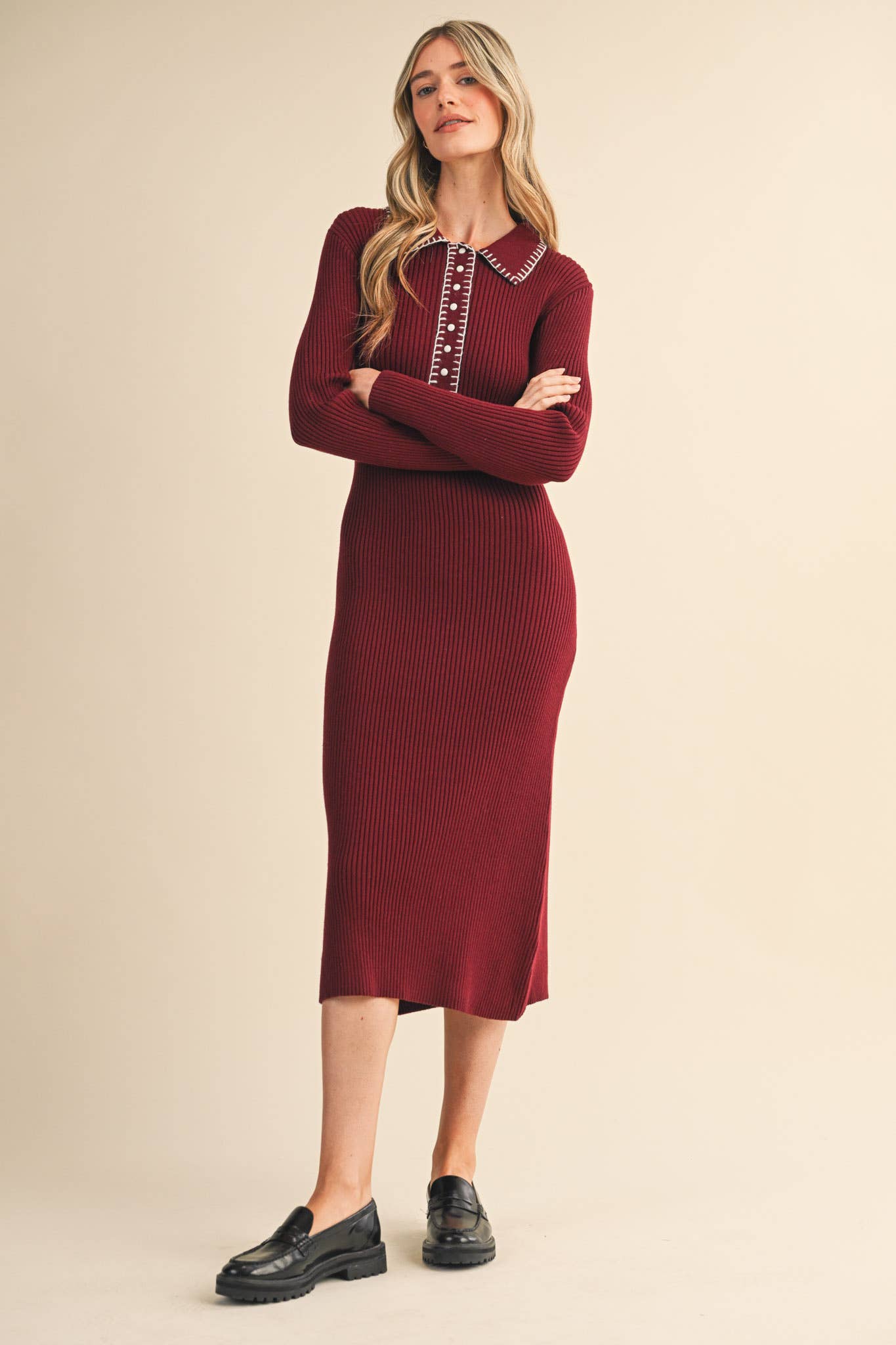 &MERCI - Wholesale Dress - Women's - RIBBED SWEATER MIDI DRESS WITH CONTRAST STITCH MSW1123227