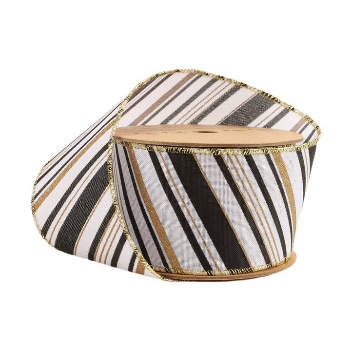 Nastro in finta tela di lino con filo da 2 1/2" | con righe in twill stampate in nero, bianco e oro | rotolo da 10 yard per la vendita all'ingrosso da parte di LA Ribbons Wholesale