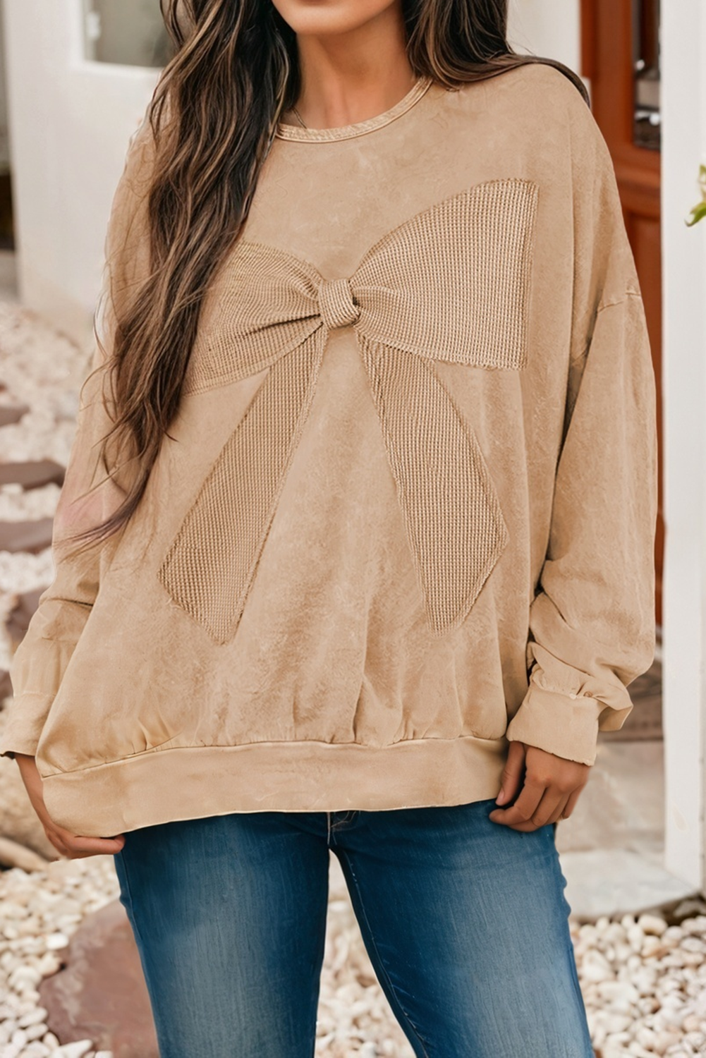 Little Daisy Closet - Wholesale Sweatshirt - Women's -  LDC Mineral Wash Bow Patchwork Pullover Sweatshirt| S-4X5