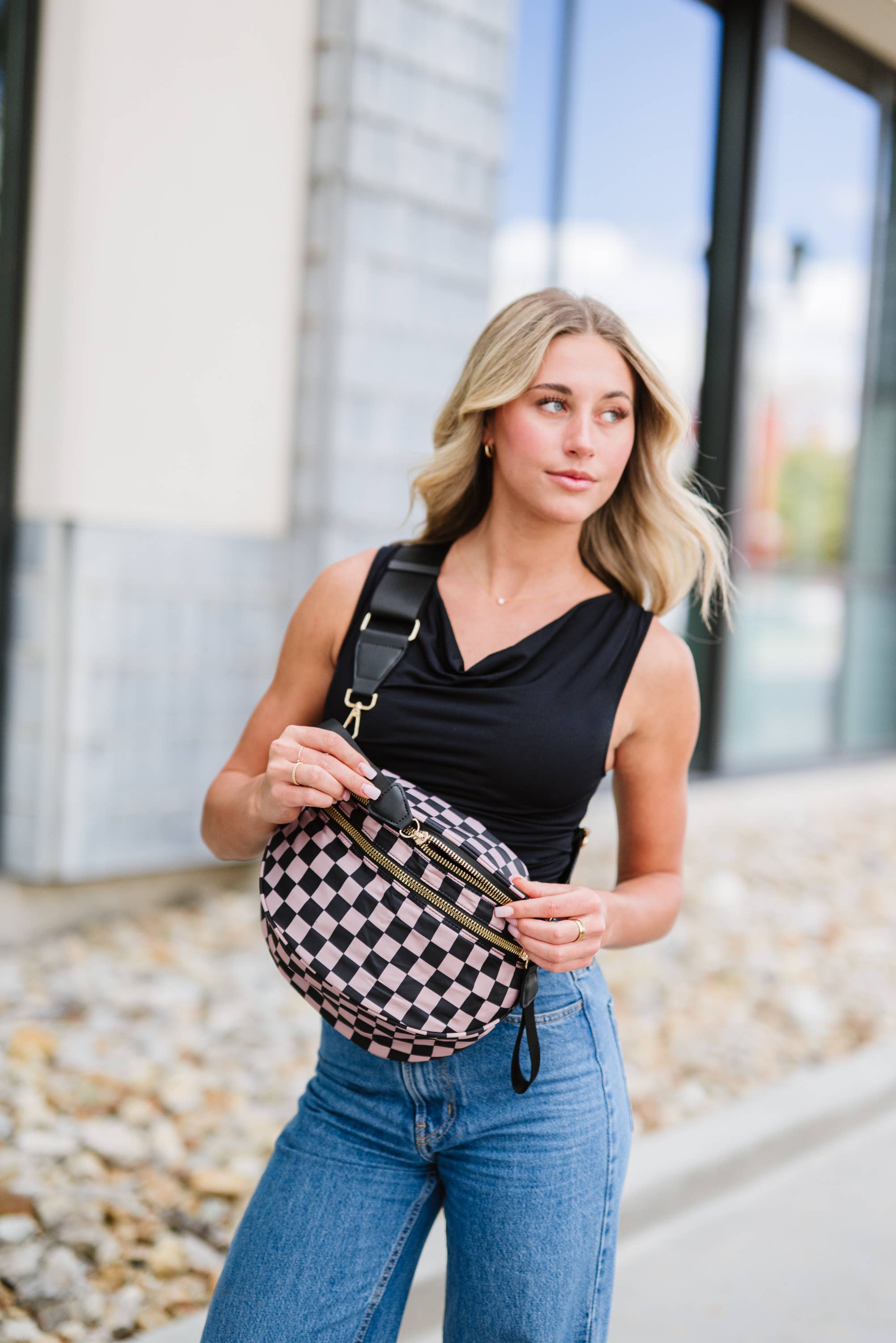 The Classy Cloth WS - Wholesale Crossbody Bag - Women's - Farah Fanny Bum Bag - Tan Checkered RTS1