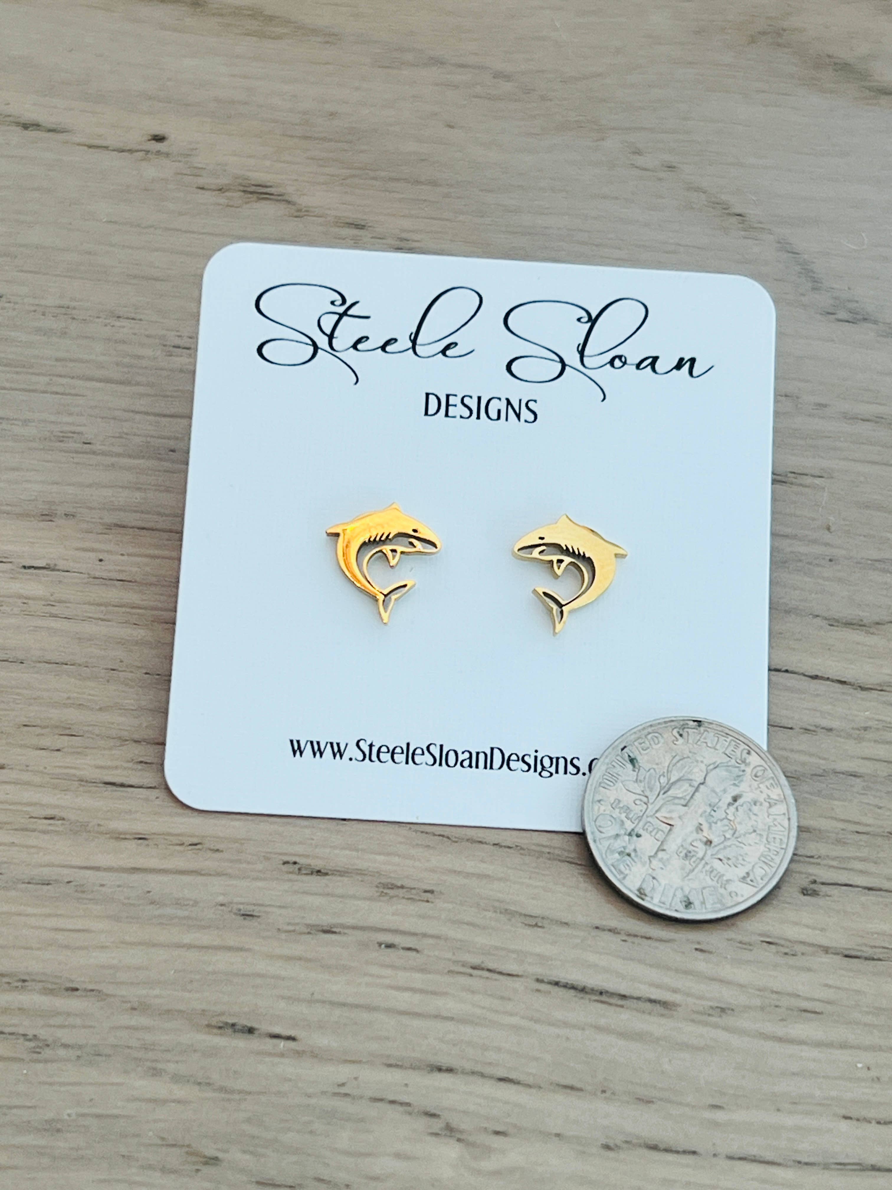 Steele Sloan Designs - Wholesale Stud/Post Earrings - Go Sharks! Cute Shark Gold Stud Earrings - Shark Gift1