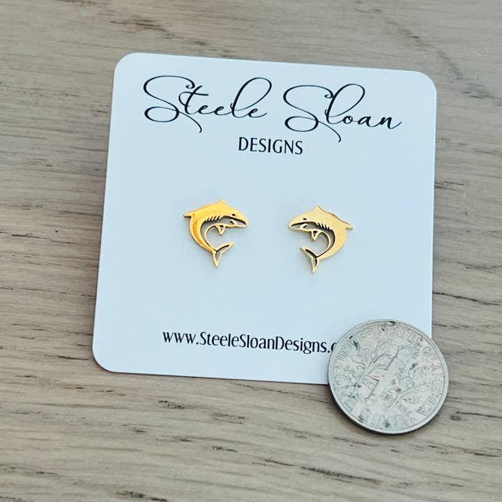 Steele Sloan Designs - Wholesale Stud/Post Earrings - Go Sharks! Cute Shark Gold Stud Earrings - Shark Gift1