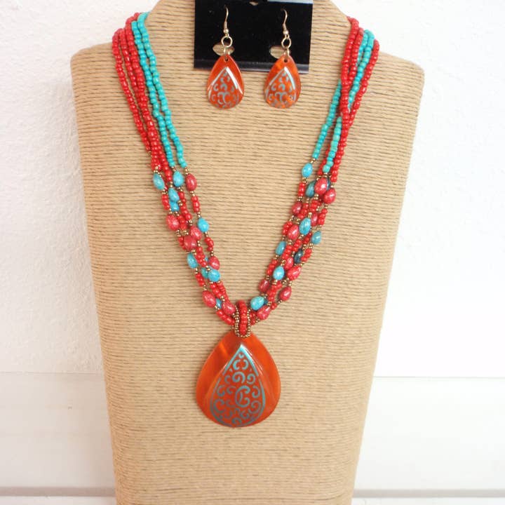 International Duru's - Wholesale Jewelry Set - 5 STRANDS TURQUOISE AND ORANGE WOOD BEADS WITH TEARDROP KABI