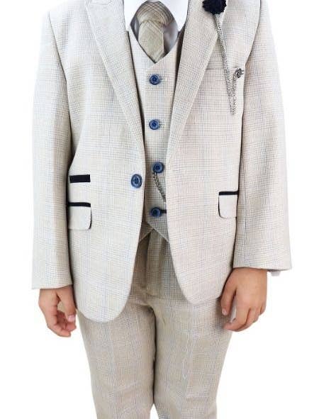 Boys 3 Piece Cream Herringbone Tweed Check Classic Suit for wholesale on Faire