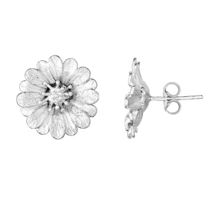 Silver with Rhodium Finish 17.5mm Diamond Cut Flower Earring with Push Back Clasp for wholesale by The Diamond Deal