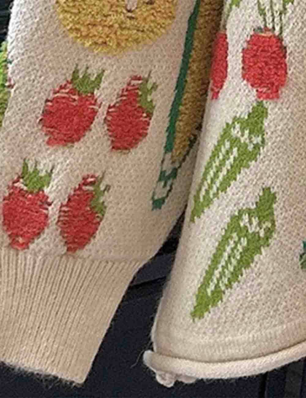 Sweetkama – Großhandel Strickjacke – Damen – Damen Veggie Garden Jacquard Rundhals-Knopf-Cardigan2