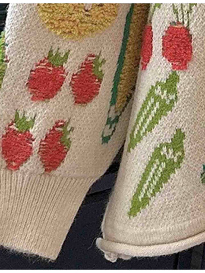 Sweetkama - Wholesale Cardigan - Women's - Ladies Veggie Garden Jacquard Round Neck Button Cardigan6