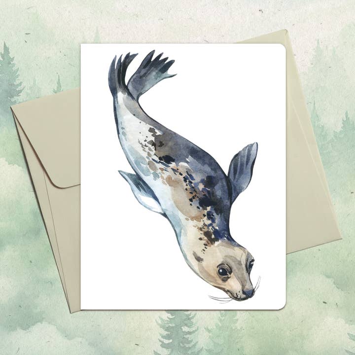 Carte de vœux faite main avec phoque nageur pour la vente par Soul Familiar