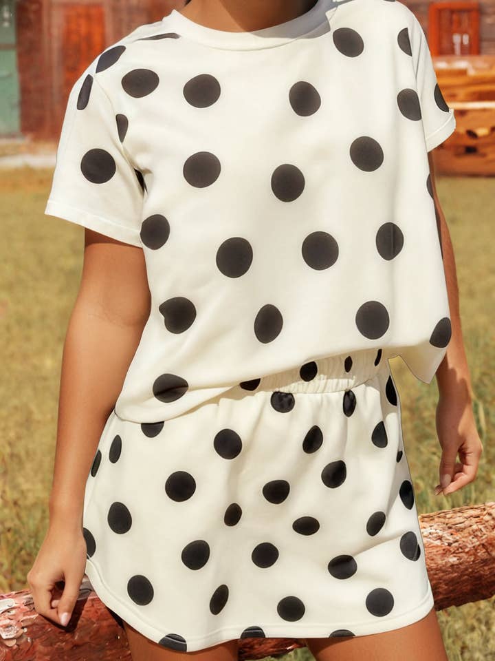 Fashion Polka Dot Short Sleeve 2pcs Top and Skirt Sets for wholesale by fashionworks