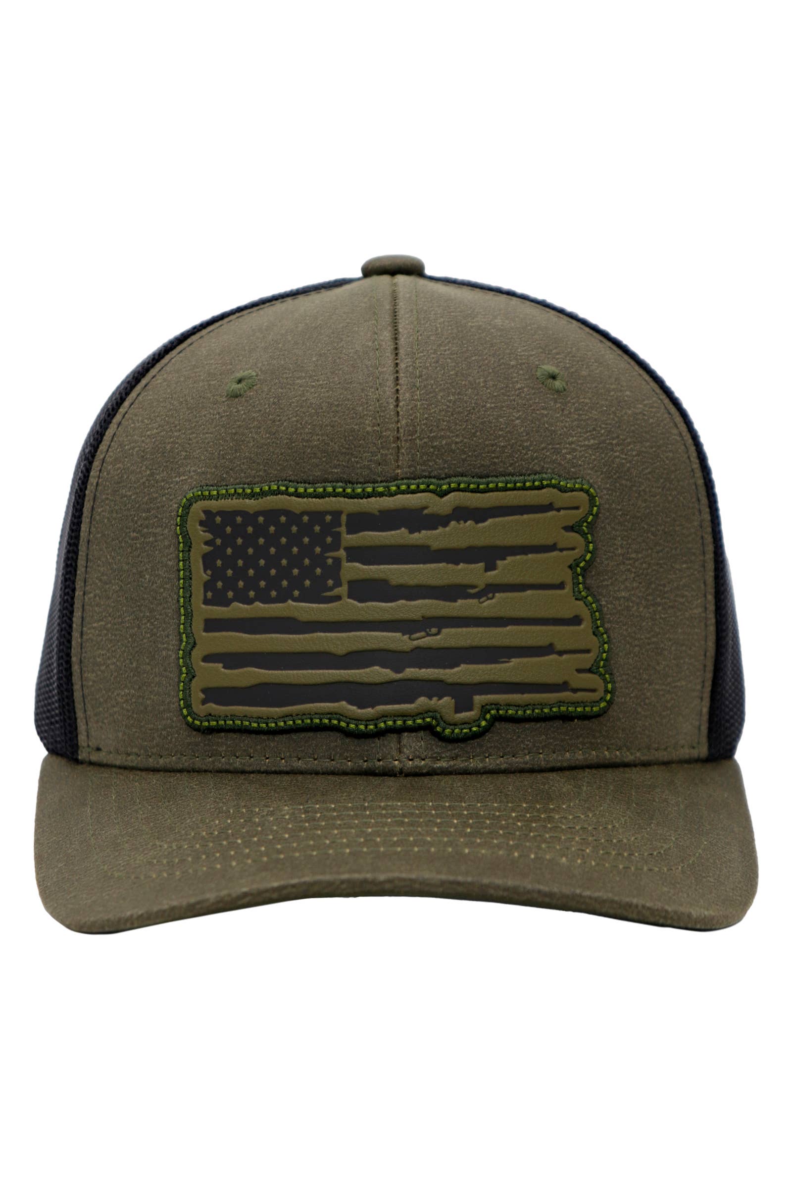 Cap Zone - Wholesale Trucker Hat - Unisex - Rifle American Flag Oiled Faux Leather Trucker Hat1