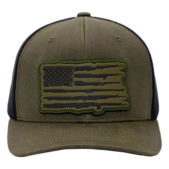 Cap Zone - Wholesale Trucker Hat - Unisex - Rifle American Flag Oiled Faux Leather Trucker Hat1