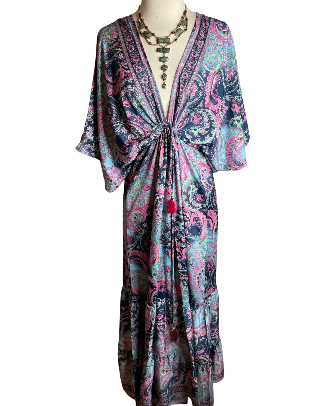 Pink and Silver – wholesale Klänning - Dam – Dubbel V-ringad Bohemisk Maxi Silkesklänning (Marinblå/Rosa)3