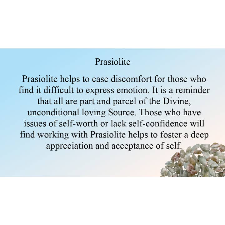 Scheda informativa Prasiolite per la vendita all'ingrosso da parte di The Witch Depot