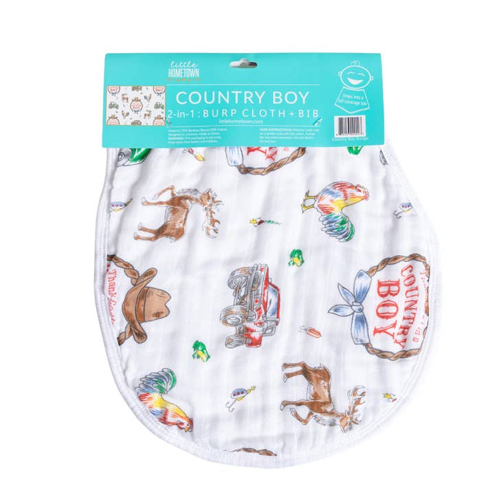 Little Hometown - Wholesale Burp Cloth Set - Baby - Country Boy 2 in 1 Burp Cloth and Bib Combo