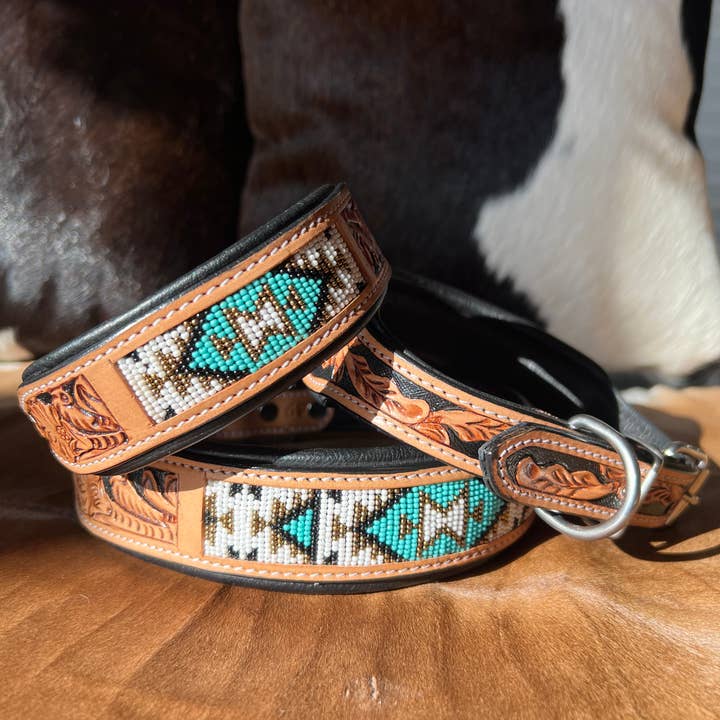 Westrian (Formerly Equipage) - Wholesale Pet Collar - Dog - Southwestern Western Tooled Leather Beaded Dog Collar - Turq