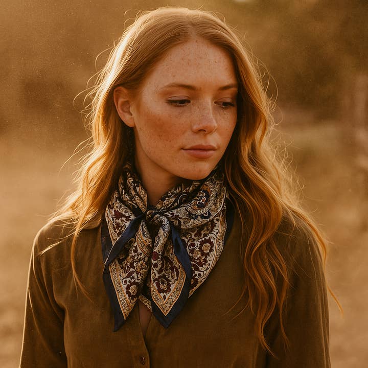 35X35" Navy and Gold Flowers and Paisley Wild Rag / Scarf WR1030X for wholesale by Rodeo Drive