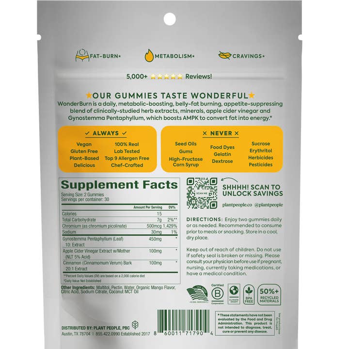 Plant People - Wholesale Oral Supplement/Vitamin - WonderBurn - Metabolism & Cravings Control Gummies1