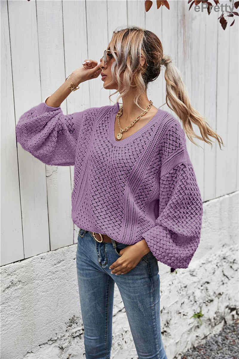 ePretty - Wholesale Knit Sweater - Women's - SZ53-SW6019 Open Knit Slouchy V-Neck Sweater5