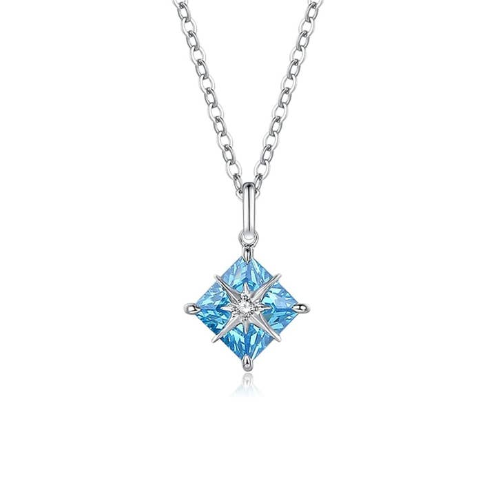 FANCIME "Princess Dream" Aquamarine March Square Gemstone Sterling Silver Necklace for wholesale by Fanci Me Jewelry