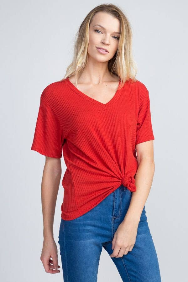 miroh - Wholesale Knit Top - Women's - Ribbed Basic V Neck Top With Knot Detailing0