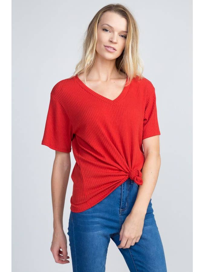 miroh - Wholesale Knit Top - Women's - Ribbed Basic V Neck Top With Knot Detailing