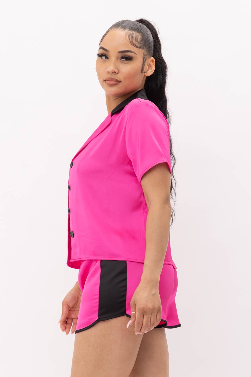 Julia by LoveJ – wholesale Set med topp och shorts – Dam – Button Down kontrast topp och främre Rock & Roll Shorts Set11