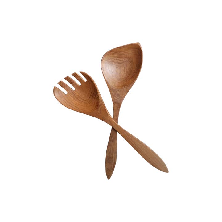 The Artisan and Company - Wholesale Serving Utensil - Brown Teak Wood Salad Spoon and Fork Set of 2pcs2