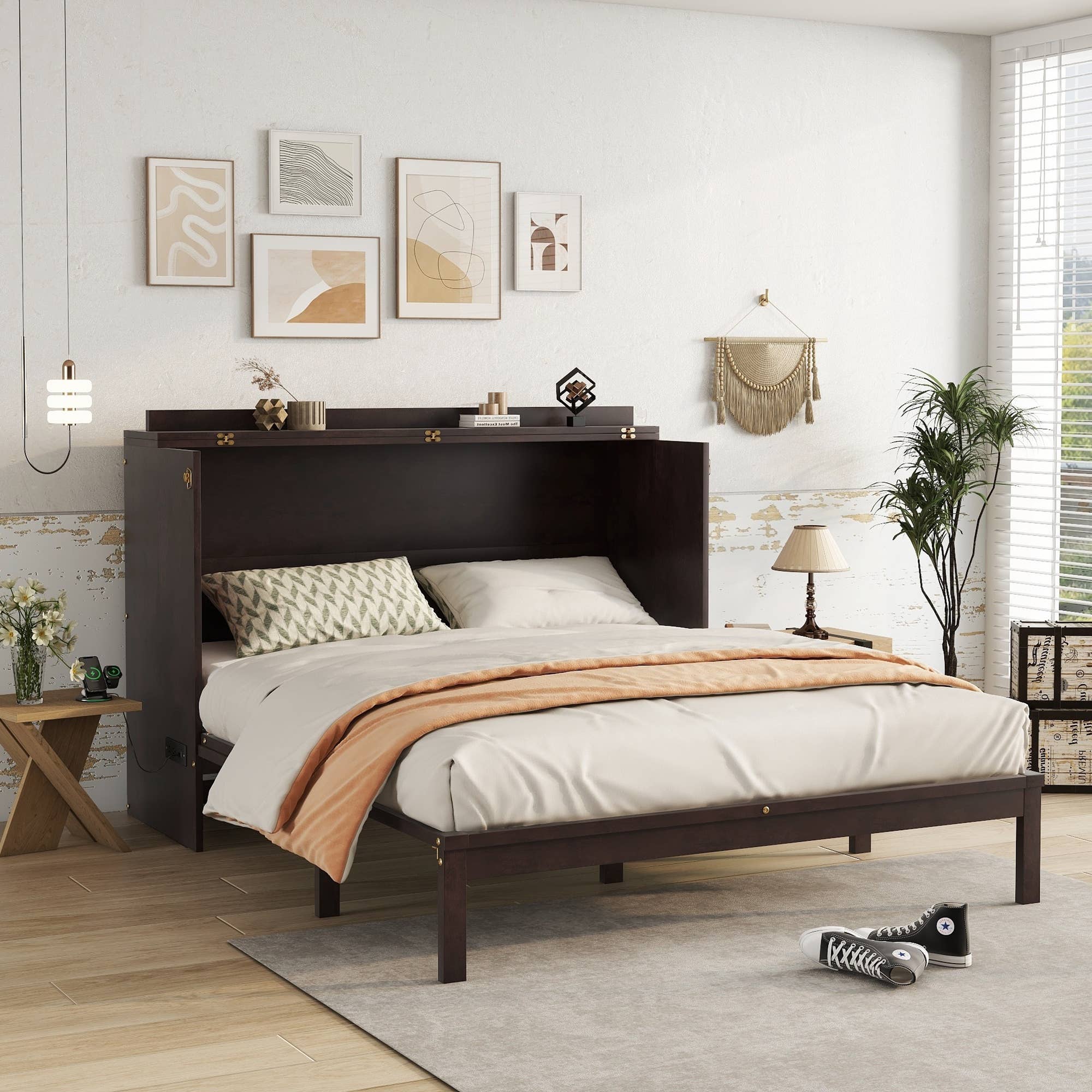 39F Inc. - Wholesale Bed - Queen Size Murphy Bed, Pine Wood Cabinet Bed w Power Station12