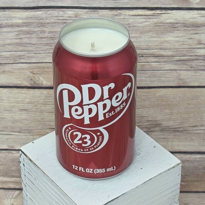 Dr Pepper Soda Pop Can Soy Candle with Dr Pepper Scent for wholesale by 716 Candle Co