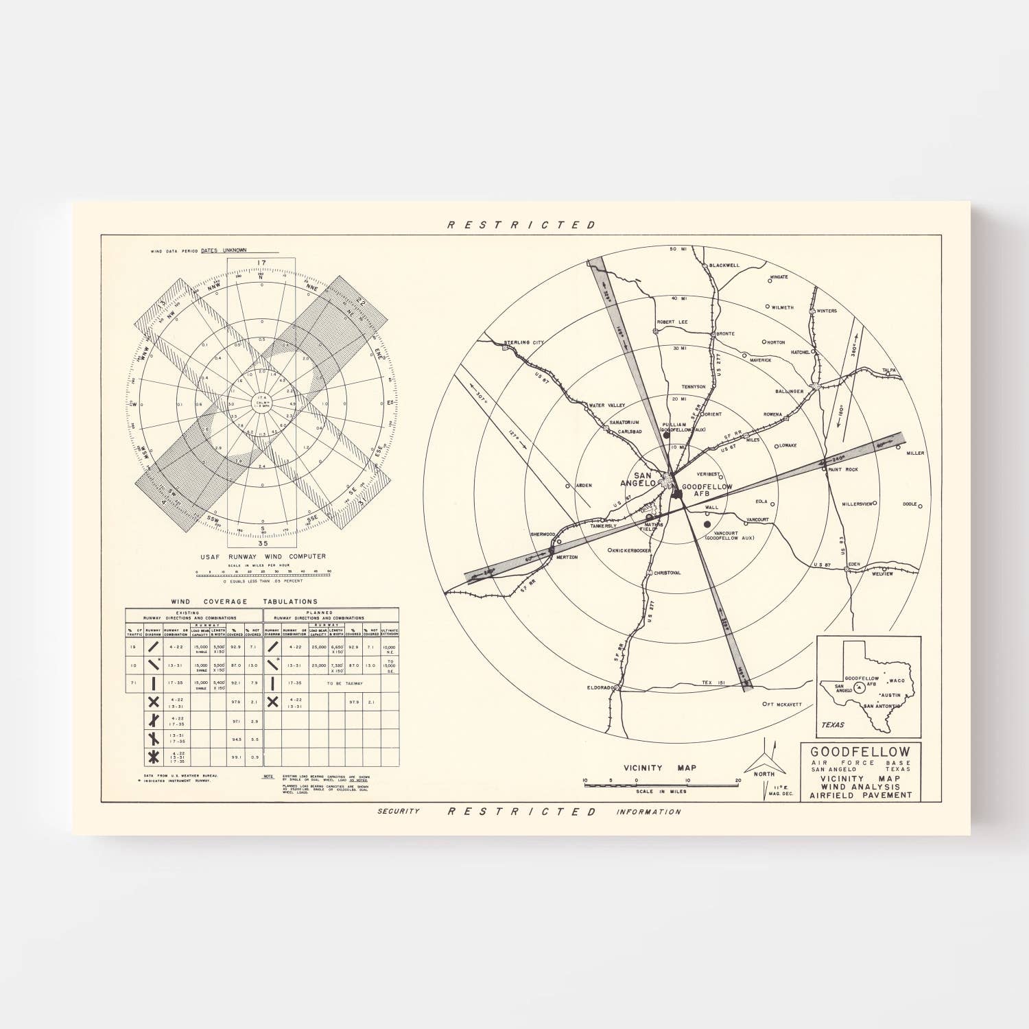 Ted's Vintage Art - Wholesale Map - Vintage Map of the Goodfellow Air Force Base Vicinity, 19522