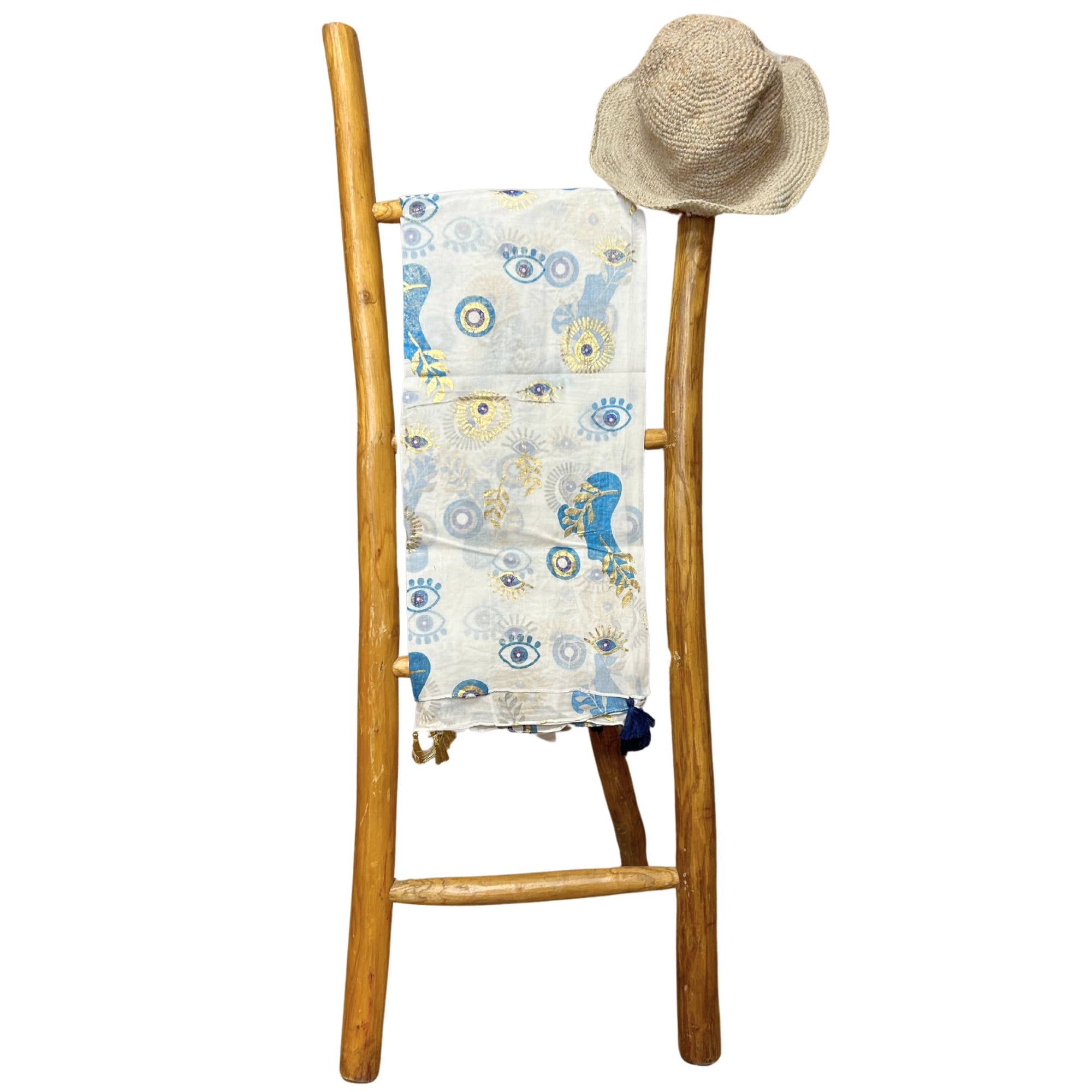 AW Artisan - Wholesale Swim Shorts - Women’s - Sarong - Turkish Eye Design in white, blue, and gold3