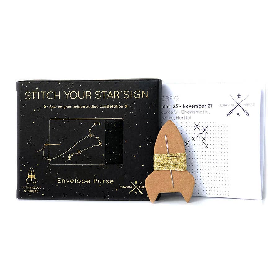 Chasing Threads - Wholesale DIY Craft Kit - DIY Stitch Your Star Sign Kit - Black Vegan Leather Purse6