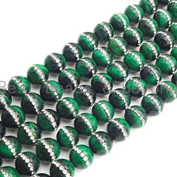 BestBeads&Beyond – Engroshandel Perler – Høj kvalitet Grøn Tiger Eye med Rhinestone indlagt, 6mm/8mm/10mm/12mm/14mm, Tiger øje Perler, 15,5" Fuld streng, SKU #V52