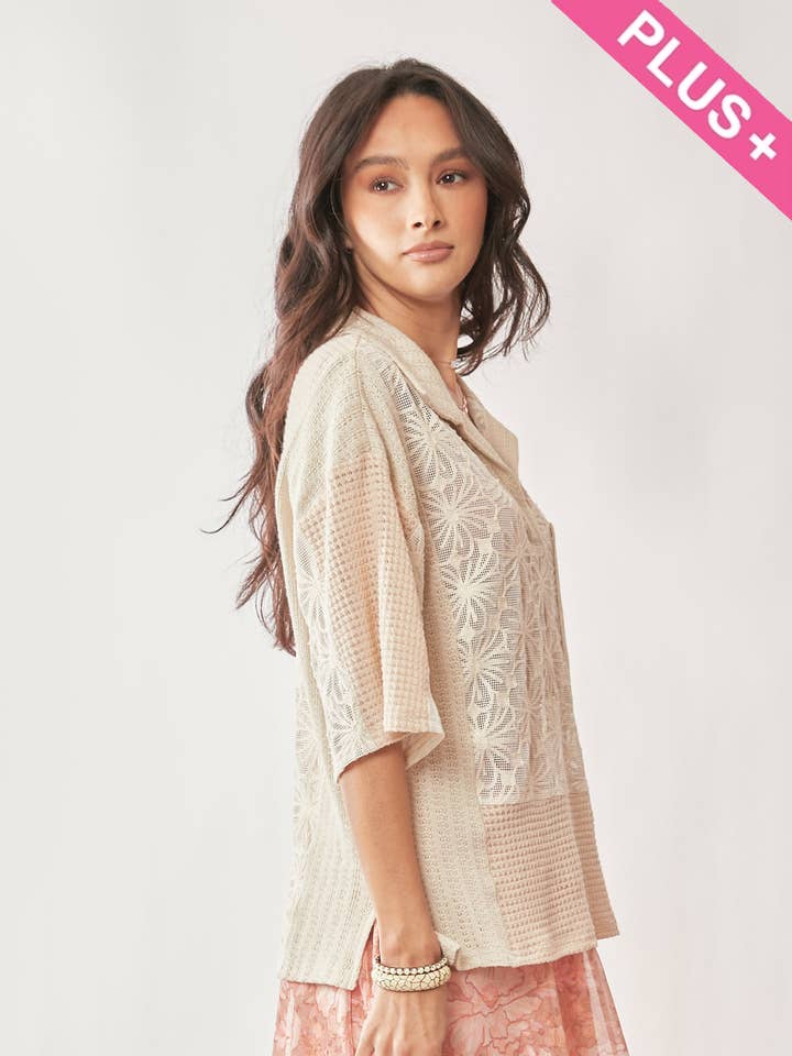 Cream Beige PLUS LACE MIXTURE COLLAR NECK SHORT SLEEVE TOP for wholesale on Faire0