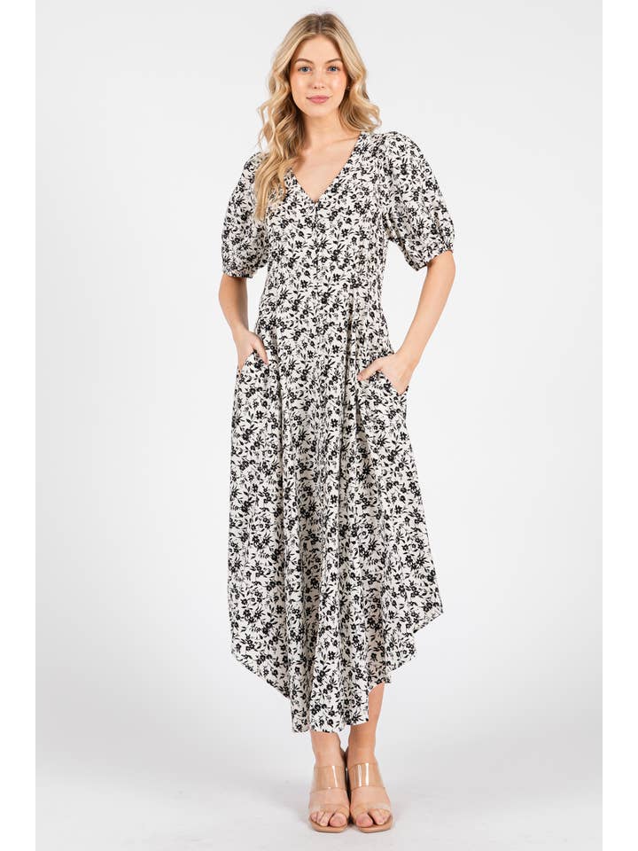 Calista - Wholesale Dress – Women's - SHORT SLEEVE SELF COVER BUTTON DETAIL MIDI DRESS - VD6069