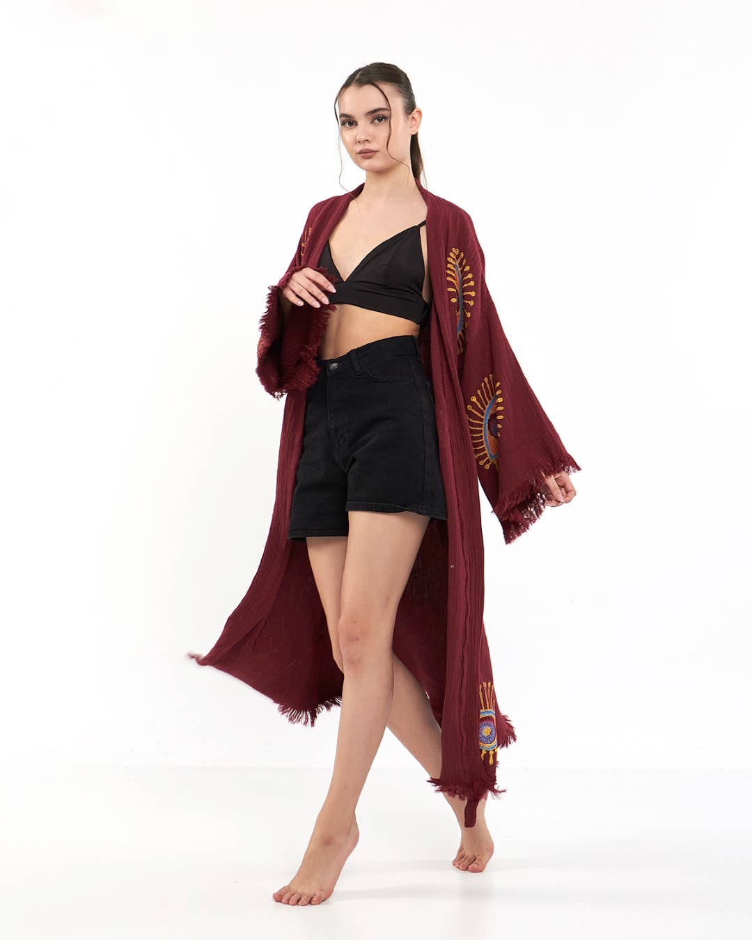 Yaz Concepts - Wholesale Kimono - Women's - Burgundy Evil Eye Print Bathrobe Festival Kimono Robe 14